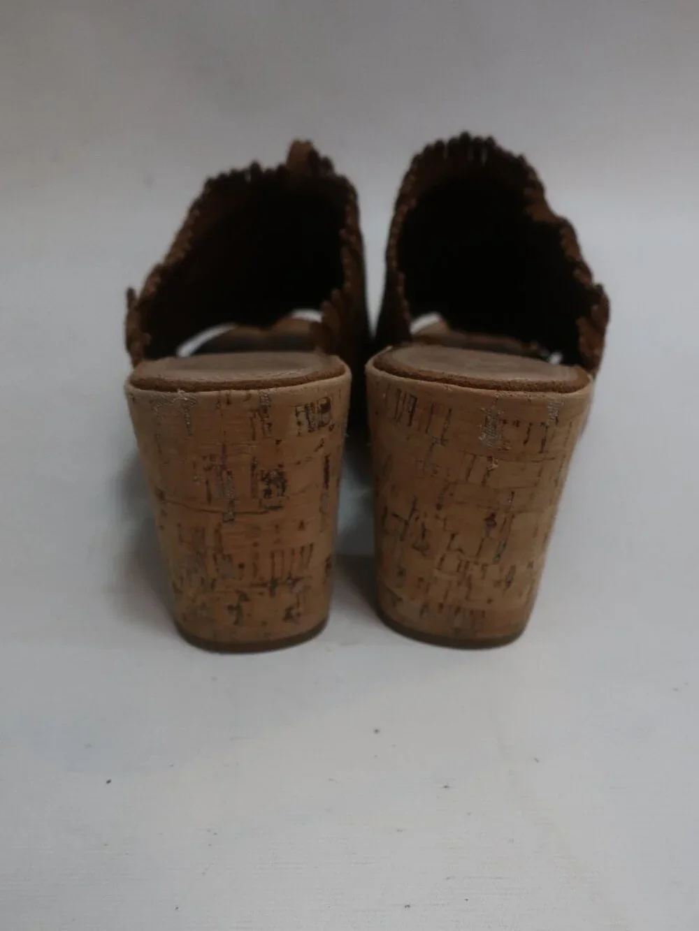 Womens Tory Burch Huntington Brown Fringed Suede Cork Block Heeled Sandals 7.5
